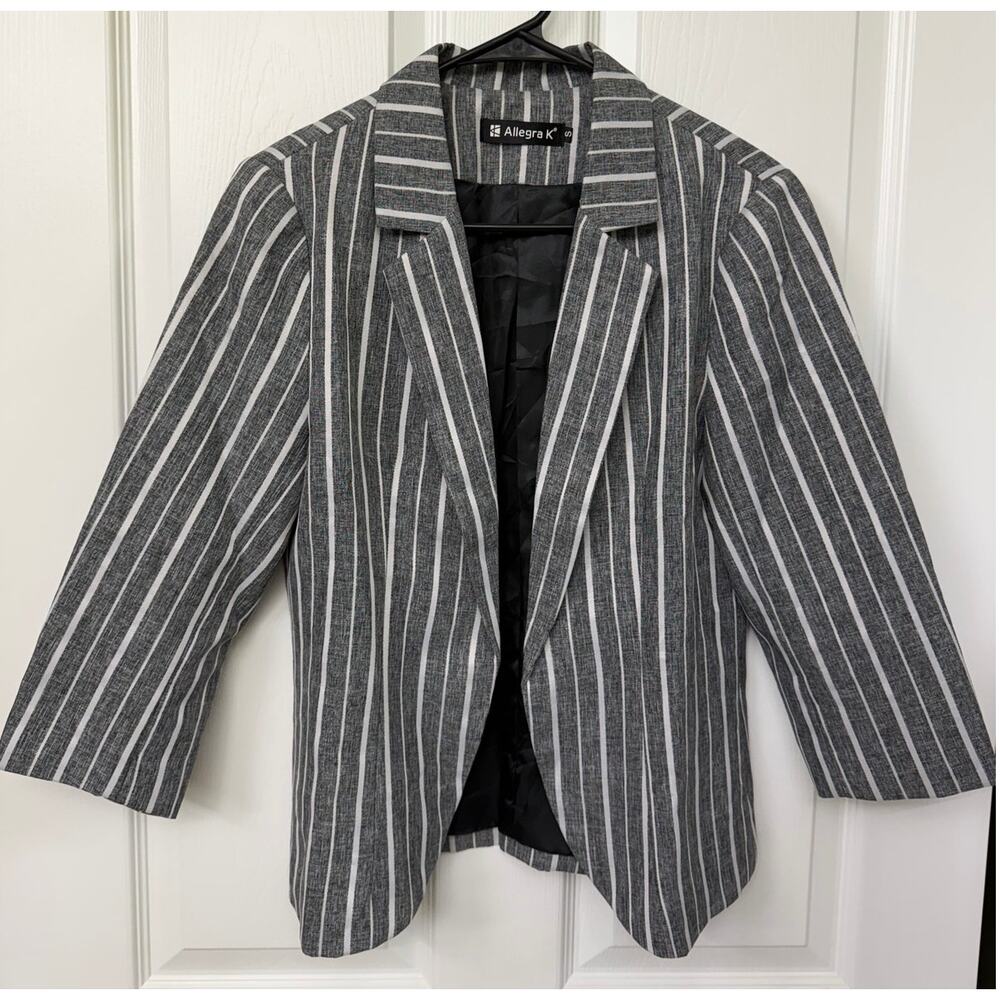Allegra K S Casual Striped Blazer Lined Thin Gray White 3/4 Sleeve NWOT $34.99 - Picture 4 of 7